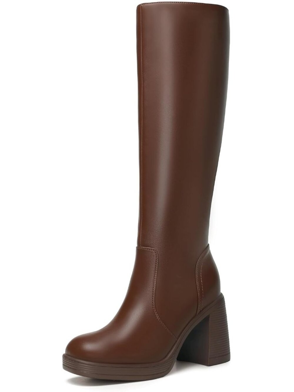 🆕Women's Brown Pu Knee High Platform Boots Chunky Block Heel Square Toe Shoes